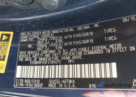 2015 Toyota Highlander Le Plus V6 из США, поврежденный, VIN 5TDBKRFH3FS184070